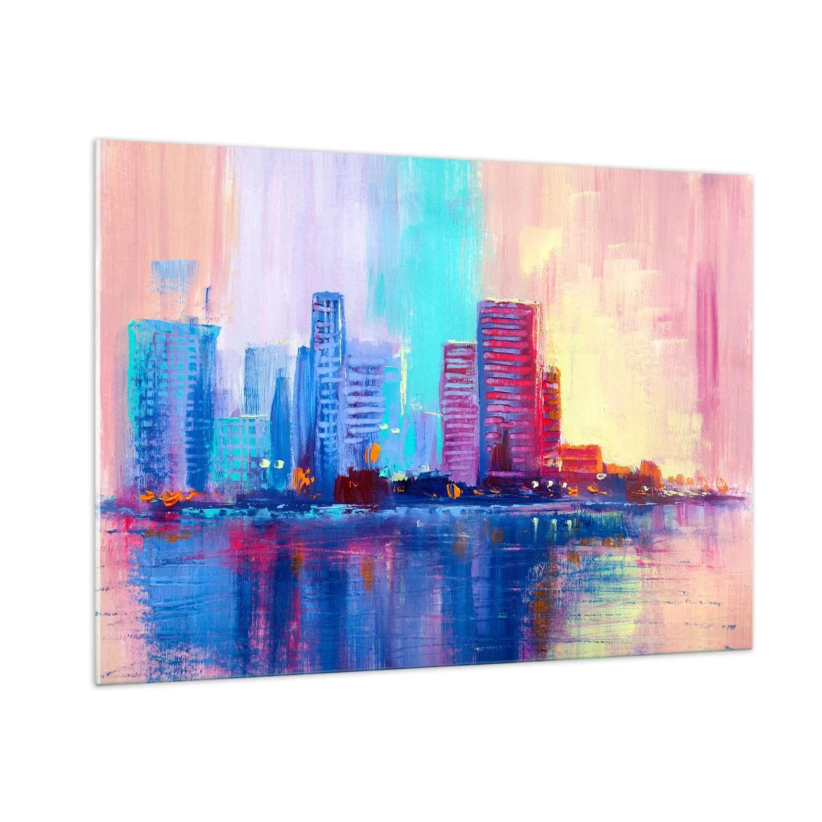 Glasbild - Bild auf glas - Eine moderne Stadt in intensiven Farben, die sich im Wasser spiegelt - 100x70cm - In Farben getaucht - Moderne Wanddekoration für Wohnzimmer und Schlafzimmer ARTTOR