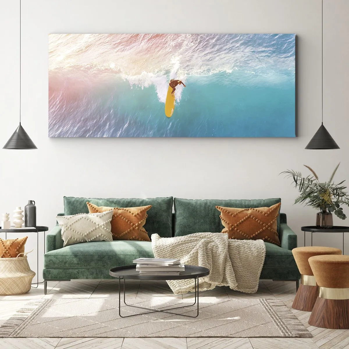 Bild auf Leinwand - Leinwandbild - Surfer auf einer Welle in Pastellfarben - 140x50cm - Der Ozeanreiter - Moderne Wanddekoration für Wohnzimmer und Schlafzimmer ARTTOR