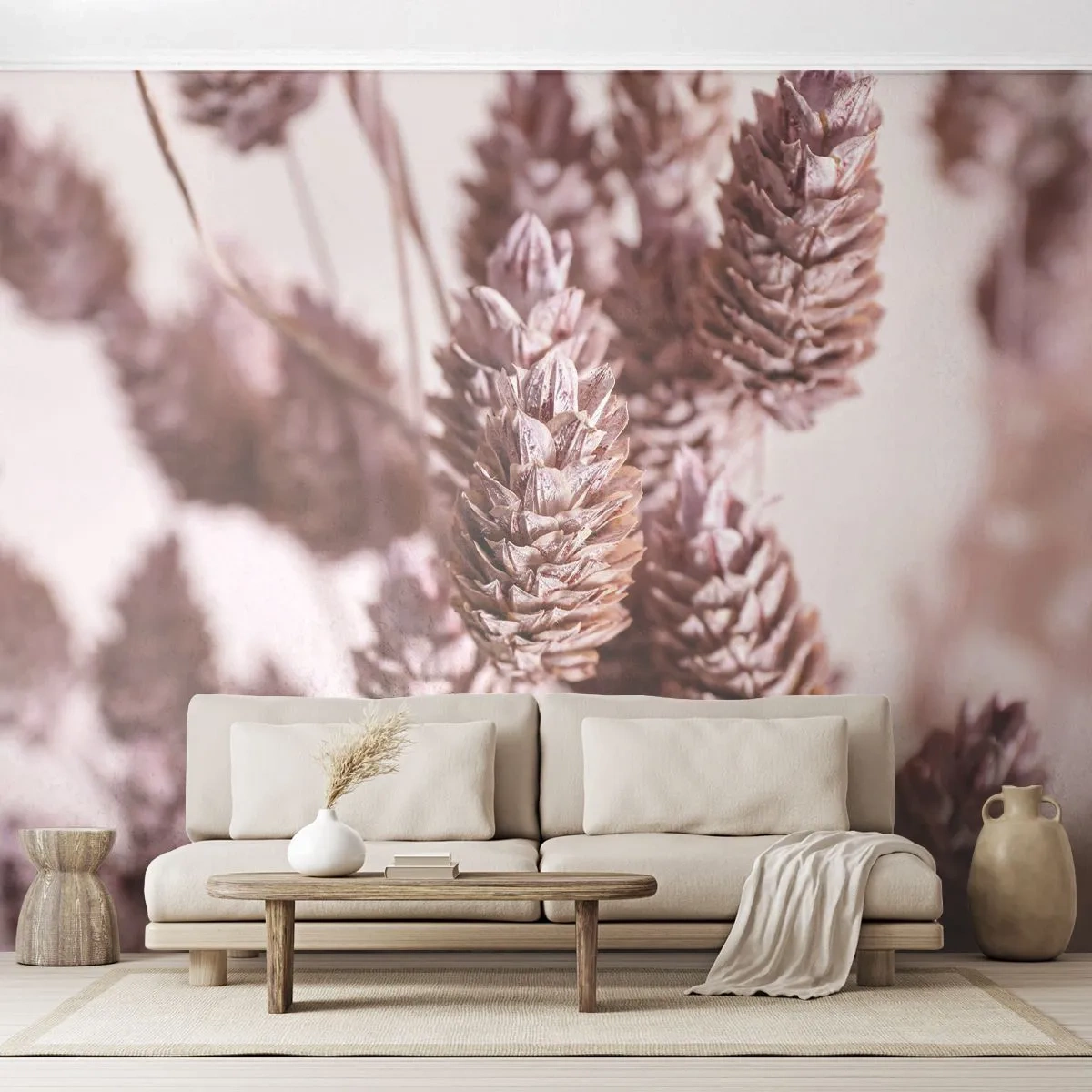 Fototapete Premium Sand - Nahaufnahme von rosa Grashalmen vor hellem Hintergrund - 100x70cm - Scheinbar unauffällig - Moderne Wanddekoration für Wohnzimmer und Schlafzimmer ARTTOR