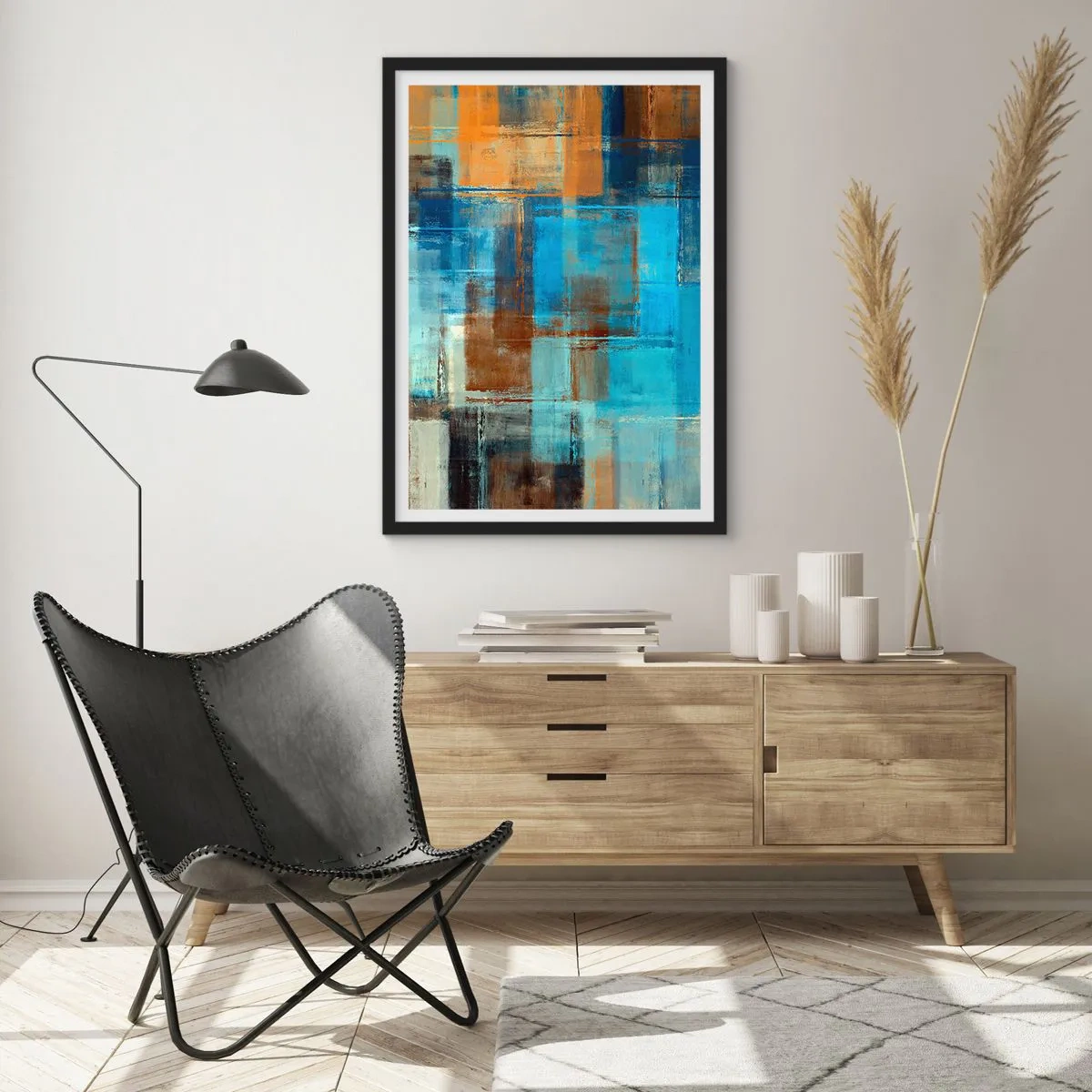 Poster in einem schwarzem Rahmen - Abstrakte geometrische Muster in Blautönen - 50x70cm - Durch den blauen Schleier - Moderne Wanddekoration für Wohnzimmer und Schlafzimmer ARTTOR