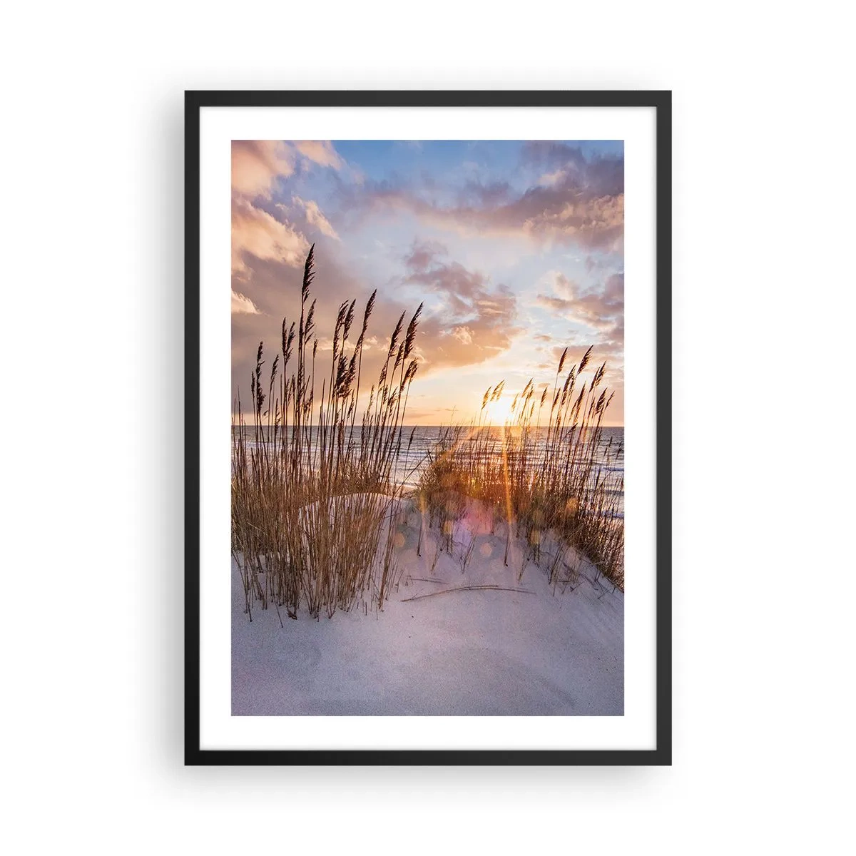 Poster in einem schwarzem Rahmen - Die Gräser auf den Dünen werden von den Strahlen der untergehenden Sonne beleuchtet - 50x70cm - Abschied von Sonne und Wind - Moderne Wanddekoration für Wohnzimmer und Schlafzimmer ARTTOR