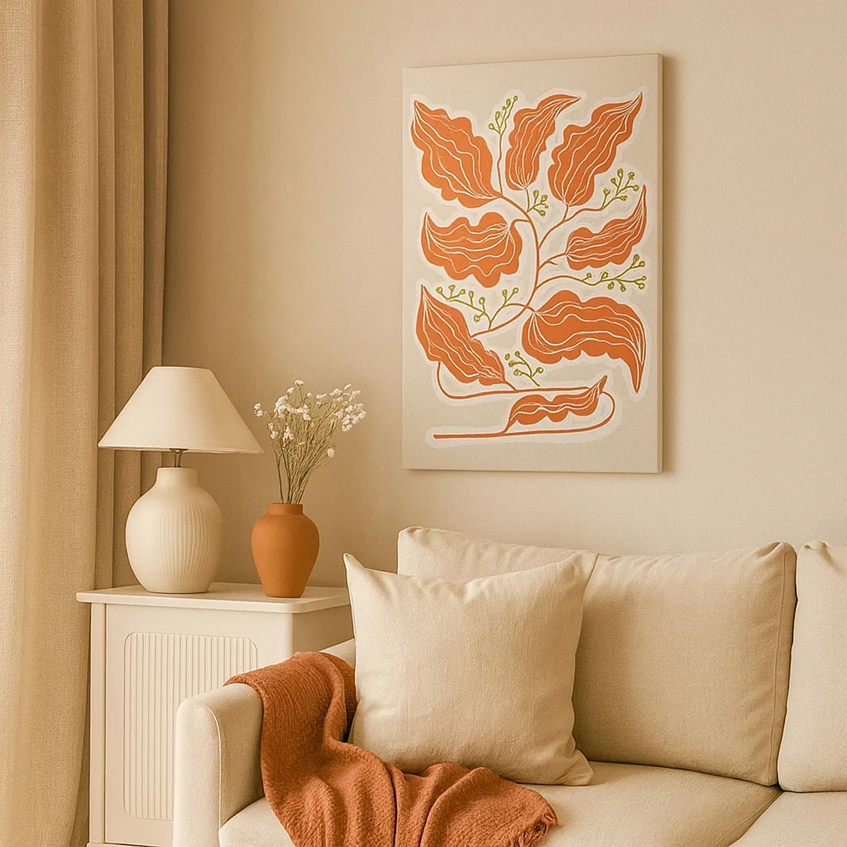 Bild auf Leinwand - Leinwandbild - Ein minimalistisches Blattmotiv in Orange- und Grüntönen. - 50x70cm - Im Folkstil und korallenartig - Moderne Wanddekoration für Wohnzimmer und Schlafzimmer ARTTOR