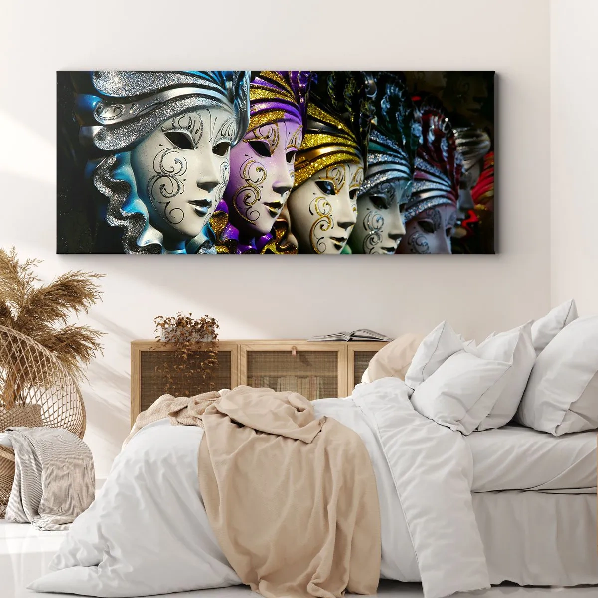 Bild auf Leinwand - Leinwandbild - Venezianische Masken in verschiedenen Farben mit dekorativen Mustern - 160x50cm - Geheimnis in Gold und Silber - Moderne Wanddekoration für Wohnzimmer und Schlafzimmer ARTTOR