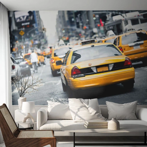Fototapete Standard Eco - Gelbe Taxis auf einer belebten Straße in der Metropole - 100x70cm - Nur in dieser Stadt - Moderne Wanddekoration für Wohnzimmer und Schlafzimmer ARTTOR
