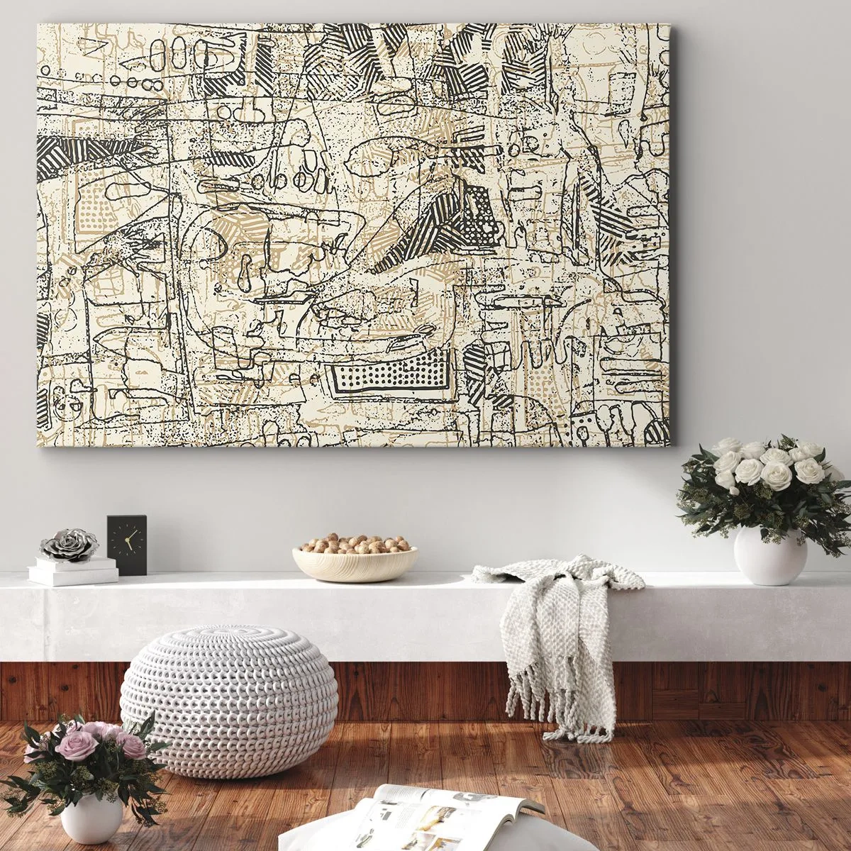 Bild auf Leinwand - Leinwandbild - Abstrakte Muster und Linien auf beigem Hintergrund - 70x50cm - Es wartet darauf, entschlüsselt zu werden - Moderne Wanddekoration für Wohnzimmer und Schlafzimmer ARTTOR