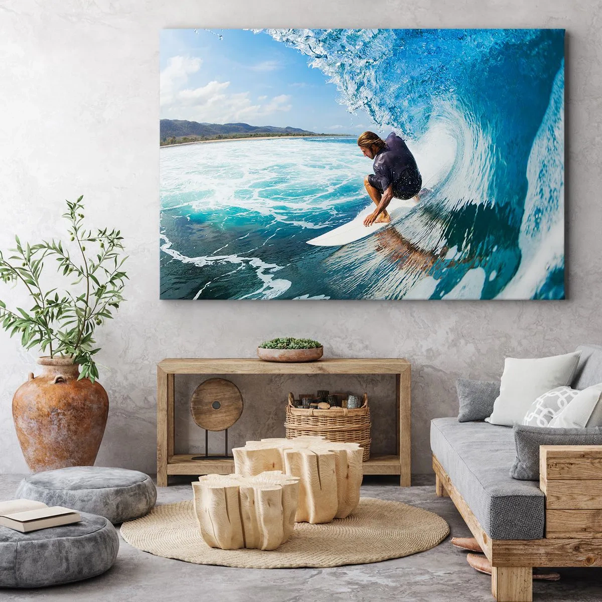 Bild auf Leinwand - Leinwandbild - Ein Surfer in dynamischer Pose auf einer Welle im türkisfarbenen Wasser. - 100x70cm - Tanzen mit den Wellen - Moderne Wanddekoration für Wohnzimmer und Schlafzimmer ARTTOR