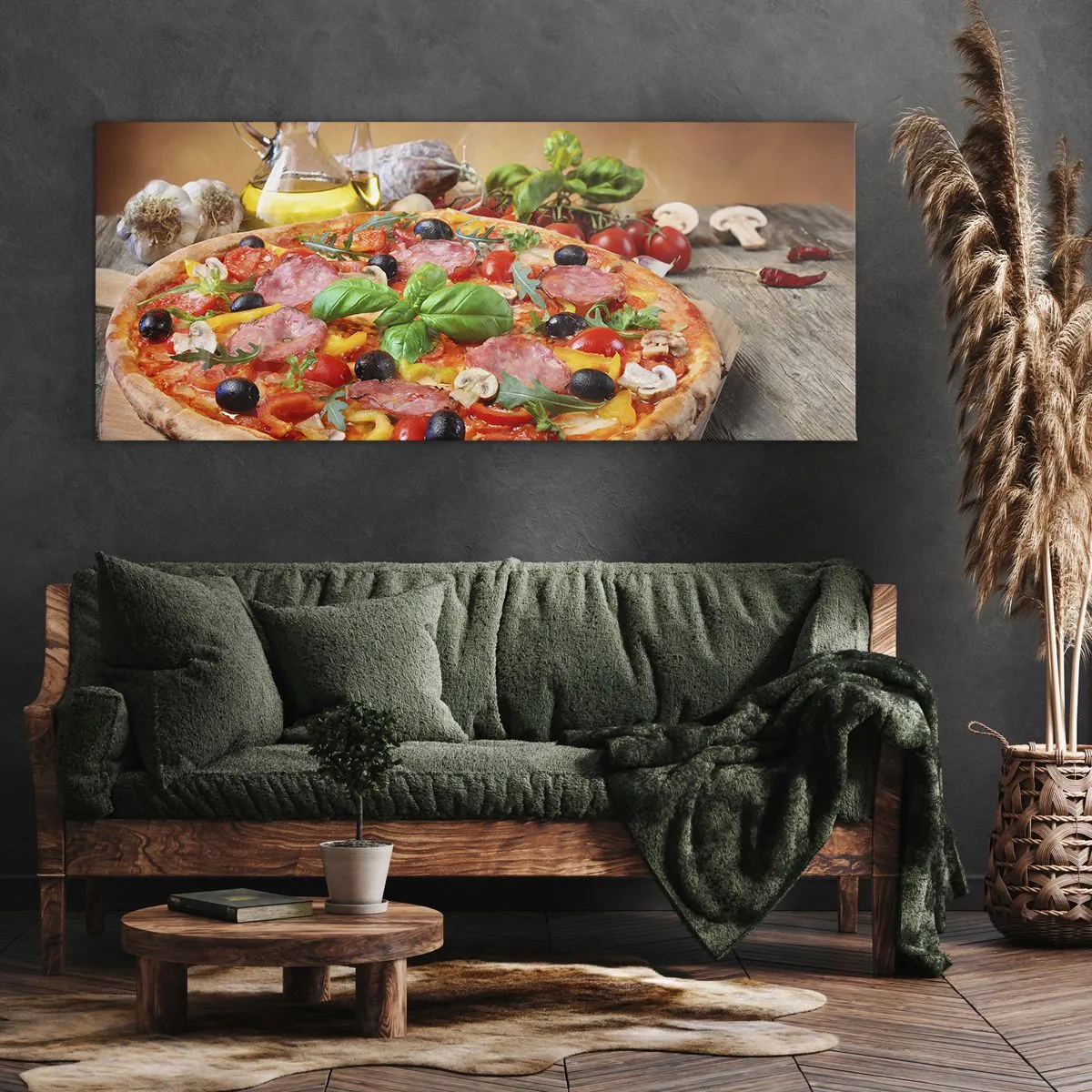 Bild auf Leinwand - Leinwandbild - Appetitliche Pizza auf einem Holztisch mit Belag - 140x50cm - Mit echtem italienischem Flair - Moderne Wanddekoration für Wohnzimmer und Schlafzimmer ARTTOR