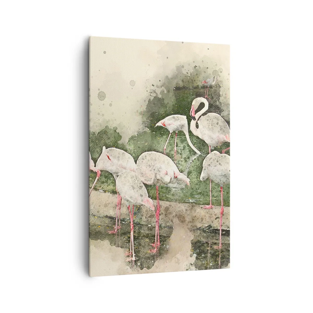 Bild auf Leinwand - Leinwandbild - Flamingos in ihrer natürlichen Umgebung im Aquarellstil - 80x120cm - Exotischer Traum - Moderne Wanddekoration für Wohnzimmer und Schlafzimmer ARTTOR