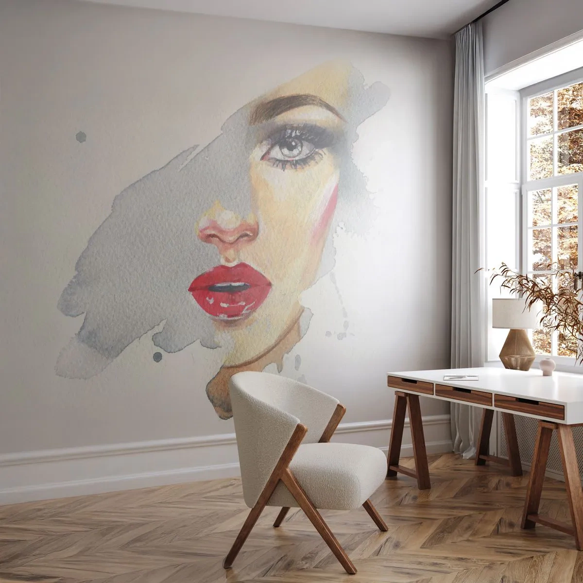 Selbstklebende Fototapete Deluxe Sticker - Abspiegeln in einem Wassertropfen - Das Gesicht einer Frau, Frau, rote Lippen - 250x175 cm