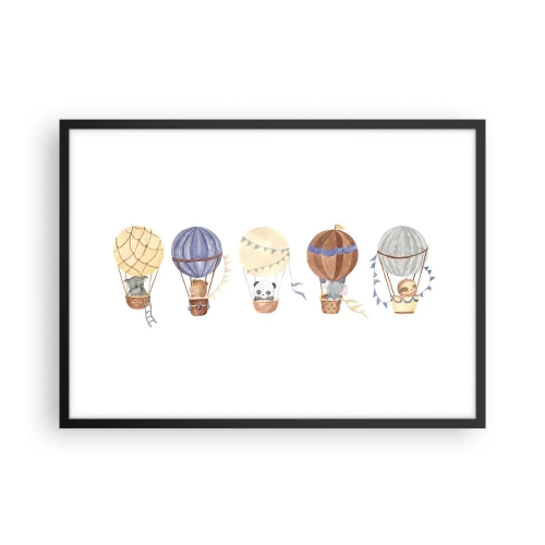Poster in einem schwarzem Rahmen - Niedliche Tiere in Luftballons auf weißem Hintergrund - 70x50cm - Freunde auf Reise - Moderne Wanddekoration für Wohnzimmer und Schlafzimmer ARTTOR