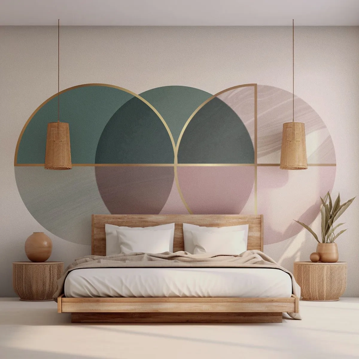 Fototapete Premium Sand - Geometrische Komposition aus Kreisen in Grün- und Beigetönen - 100x70cm - Ein Rad hinter dem anderen… - Moderne Wanddekoration für Wohnzimmer und Schlafzimmer ARTTOR