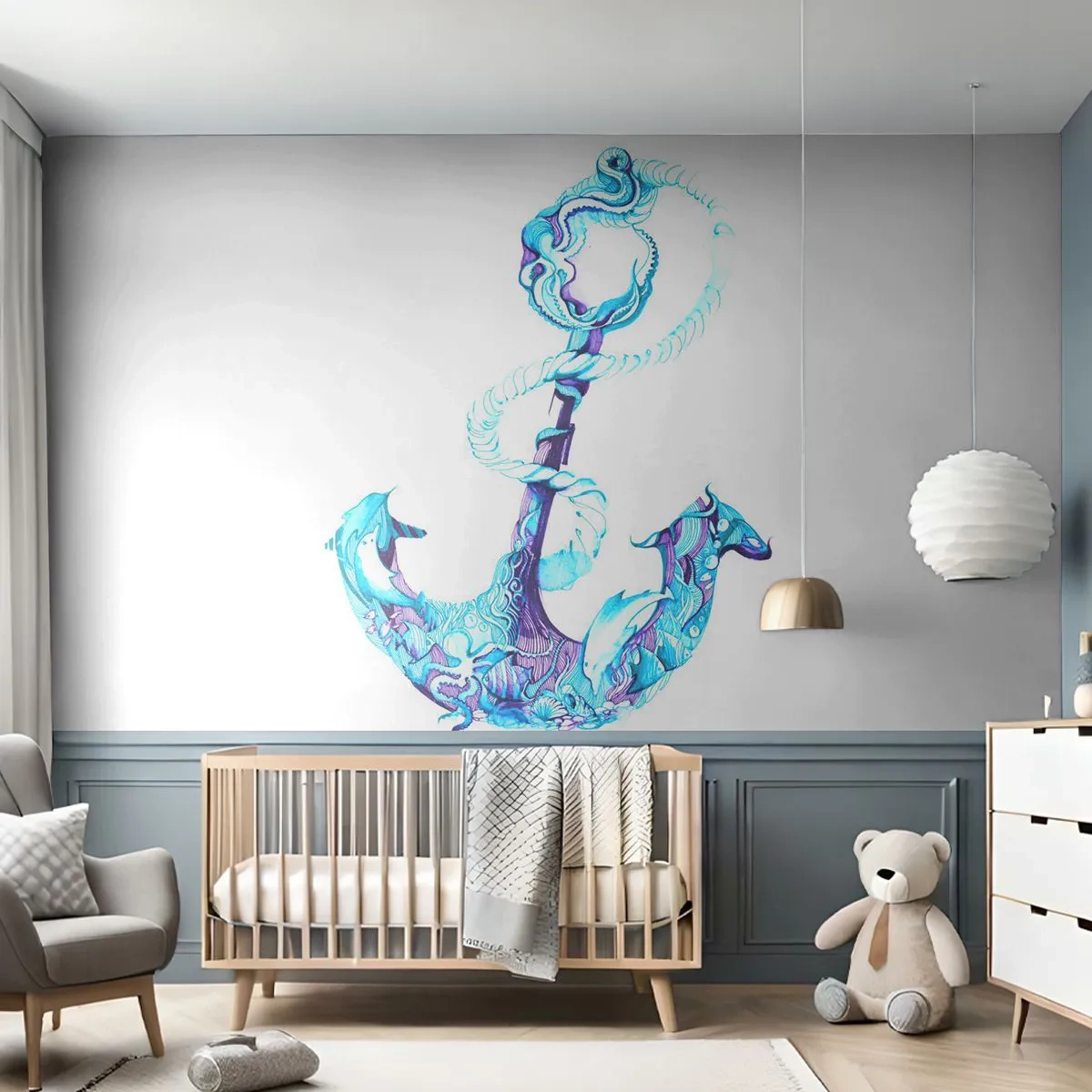 Fototapete Premium Sand - Künstlerischer Anker mit Meerestier-Motiv - 100x70cm - Der Vertraute der Geheimnisse des Meeres - Moderne Wanddekoration für Wohnzimmer und Schlafzimmer ARTTOR
