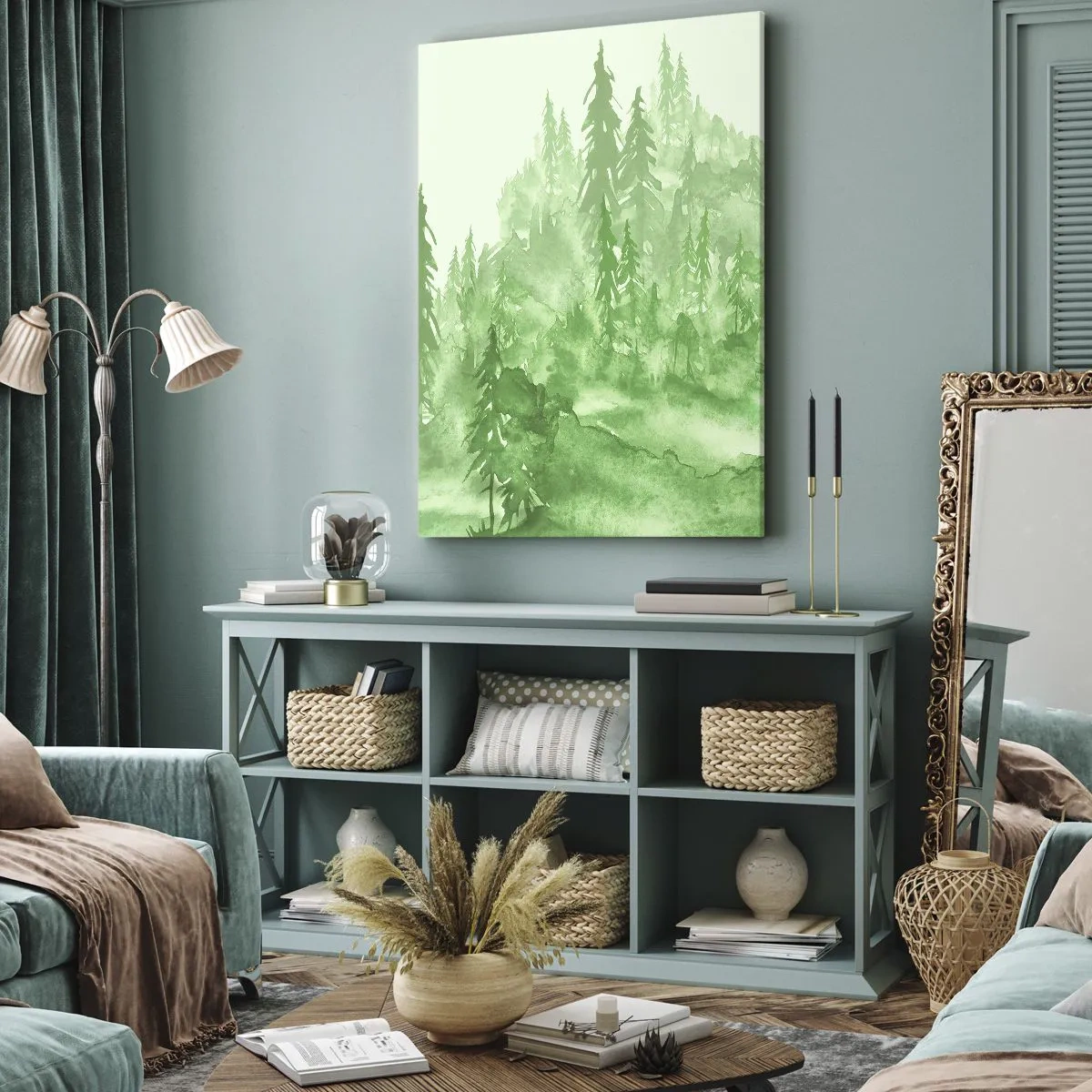 Bild auf Leinwand - Leinwandbild - Grüner Wald im Aquarellstil auf hellem Hintergrund - 70x100cm - Verschwommen mit grünem Nebel - Moderne Wanddekoration für Wohnzimmer und Schlafzimmer ARTTOR