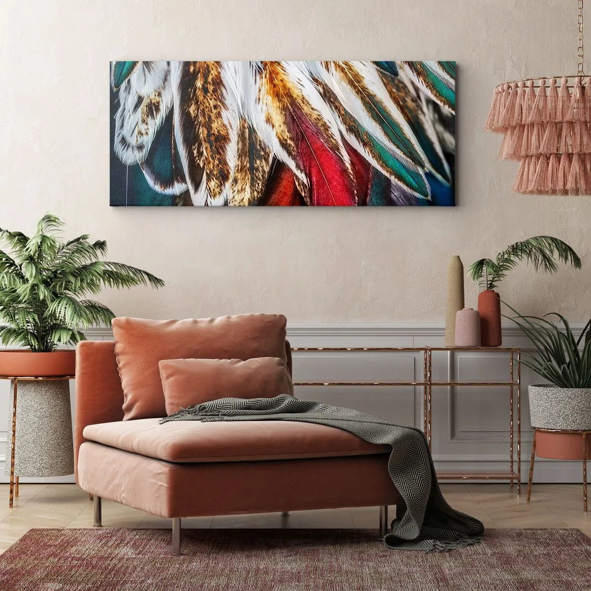 Bild auf Leinwand - Leinwandbild - Nahaufnahme von mehrfarbigen Federn in leuchtenden, intensiven Farben - 140x50cm - Geheimnisse des Fliegens - Moderne Wanddekoration für Wohnzimmer und Schlafzimmer ARTTOR