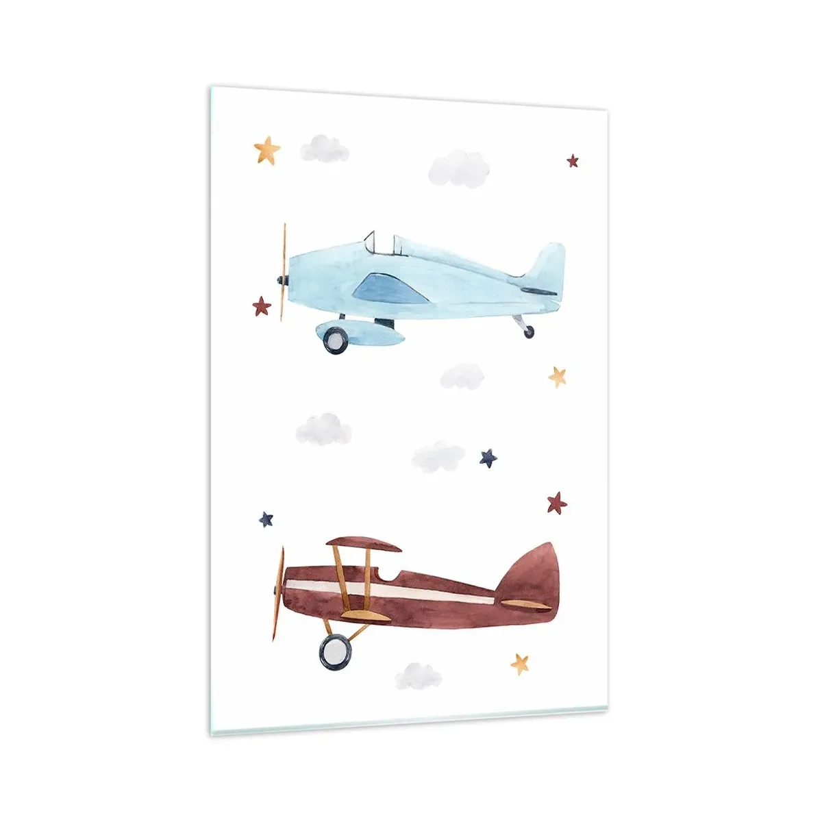 Glasbild - Bild auf glas - Handbemalte Flugzeuge vor einem Hintergrund aus Wolken und Sternen - 80x120cm - Wir warten, Herr Pilot! - Moderne Wanddekoration für Wohnzimmer und Schlafzimmer ARTTOR