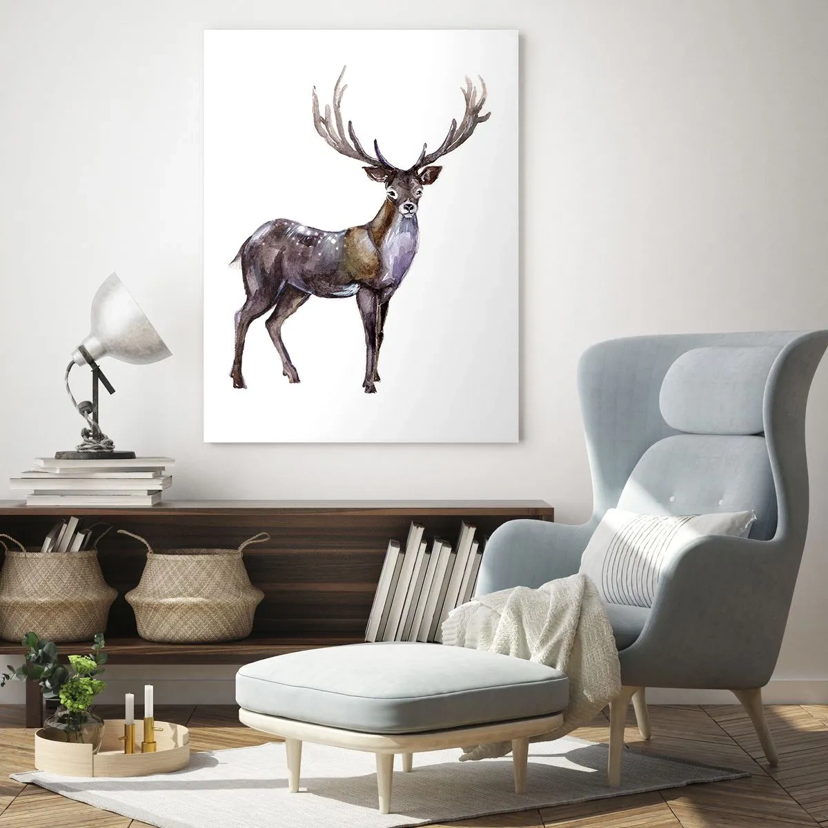 Glasbild - Bild auf glas - Aquarell-Illustration eines Hirsches mit majestätischem Geweih - 70x100cm - König des nördlichen Waldes - Moderne Wanddekoration für Wohnzimmer und Schlafzimmer ARTTOR