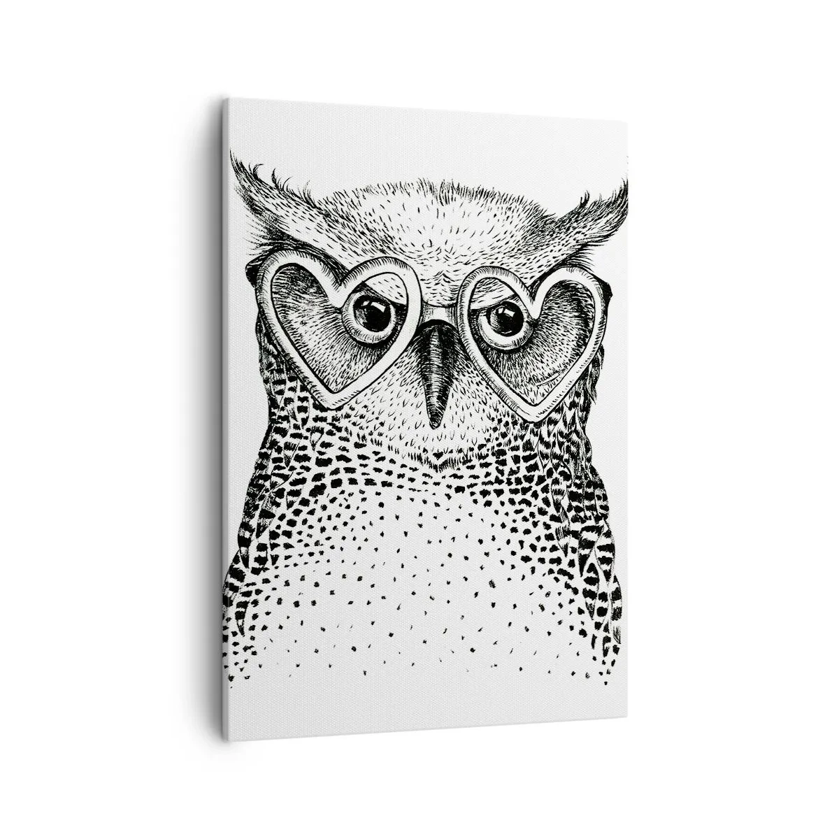 Bild auf Leinwand - Leinwandbild - Stilvolle Grafik einer Eule mit herzförmiger Brille - 50x70cm - Klug und mit Liebe - Moderne Wanddekoration für Wohnzimmer und Schlafzimmer ARTTOR