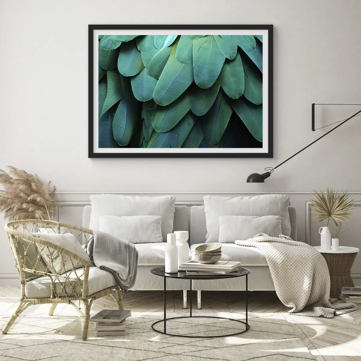 Poster in einem schwarzem Rahmen - Federdetails in Grüntönen - 100x70cm - Papageienartige Präzision - Moderne Wanddekoration für Wohnzimmer und Schlafzimmer ARTTOR