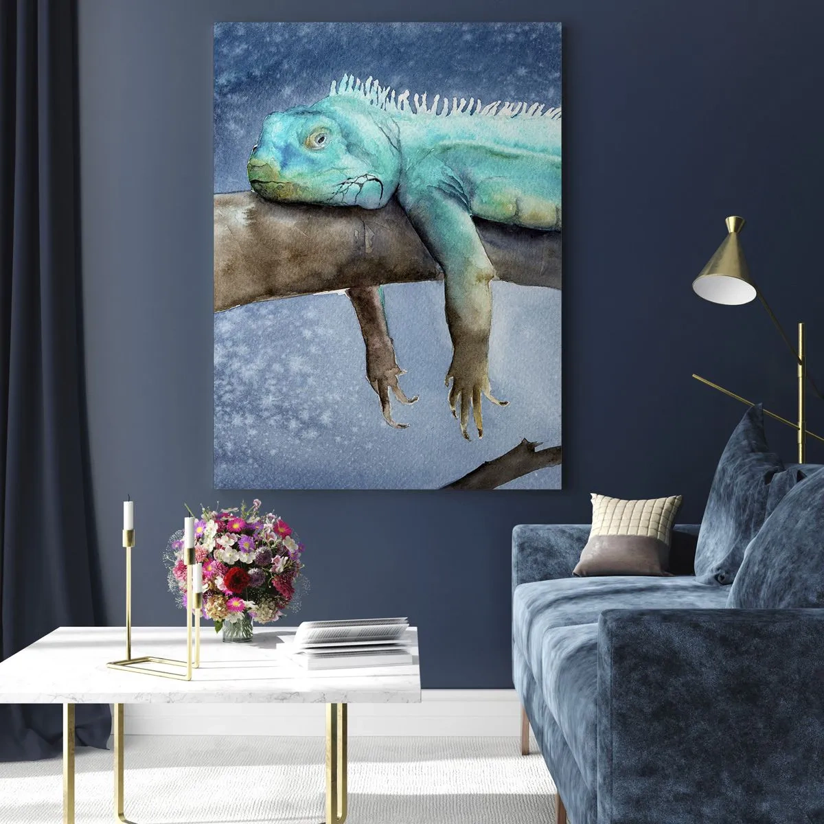 Glasbild - Bild auf glas - Blauer Leguan liegt auf einem Ast im Aquarellstil - 50x70cm - Es ist gut! - Moderne Wanddekoration für Wohnzimmer und Schlafzimmer ARTTOR