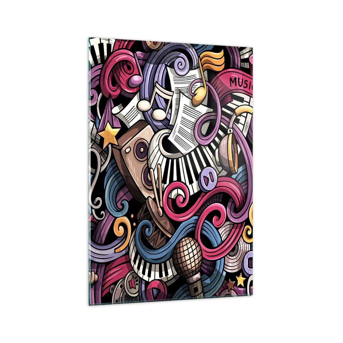 Glasbild - Bild auf glas - Eine musikalische Abstraktion voller farbenfroher Instrumente und Noten. - 70x100cm - Komplizierte Melodie - Moderne Wanddekoration für Wohnzimmer und Schlafzimmer ARTTOR
