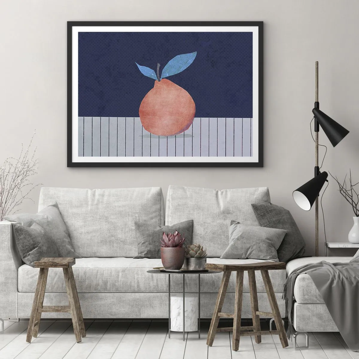 Poster in einem schwarzem Rahmen - Abstrakte Früchte vor einem Hintergrund aus kontrastierenden Farben und geraden Linien. - 70x50cm - Konvexität und Ebene - Moderne Wanddekoration für Wohnzimmer und Schlafzimmer ARTTOR
