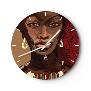 Wanduhr - Glasuhr - Frauenportrait im afrikanischen Stil mit roten Akzenten - 30x30cm - Venus aus Ebenholz  - Moderne Wanddekoration für Wohnzimmer, Küche und Schlafzimmer ARTTOR