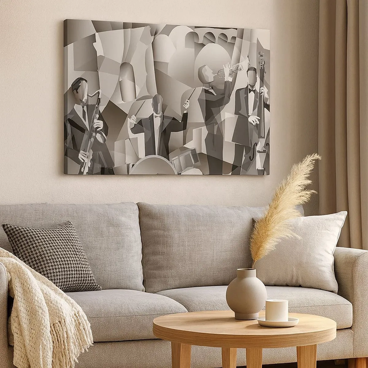 Bild auf Leinwand - Leinwandbild - Abstrakte Szene mit Jazzmusikern in Grautönen. - 70x50cm - Im Raum der Klänge - Moderne Wanddekoration für Wohnzimmer und Schlafzimmer ARTTOR