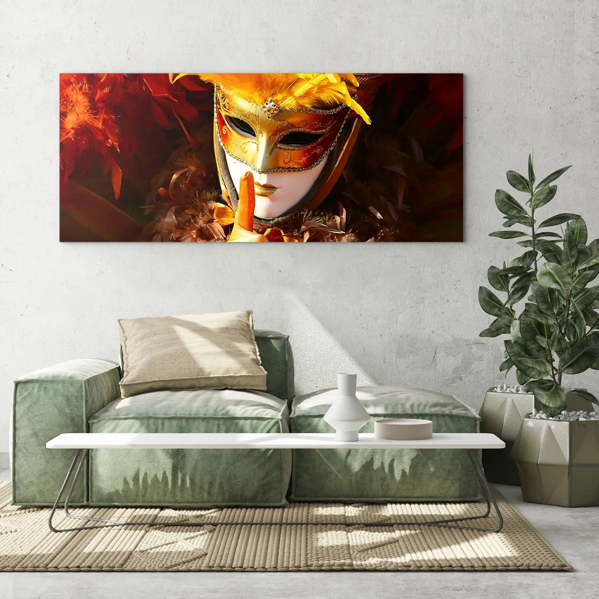 Glasbild - Bild auf glas - Karnevalsmaske in Gold- und Orangetönen - 160x50cm - Geheimnis ist Teil des Spiels - Moderne Wanddekoration für Wohnzimmer und Schlafzimmer ARTTOR