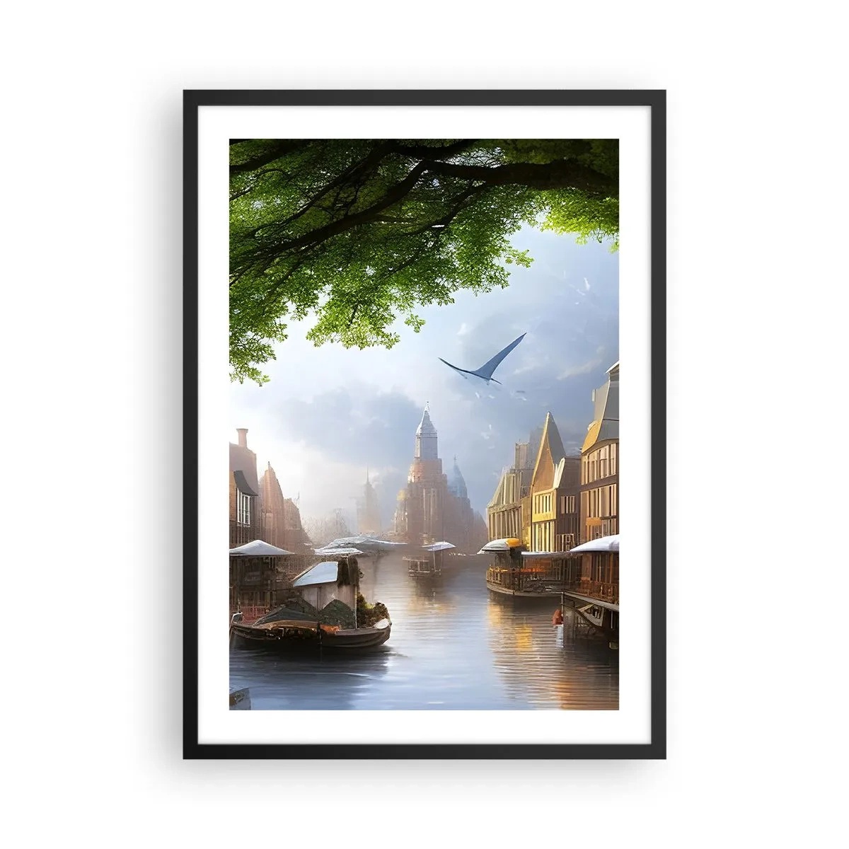Poster in einem schwarzem Rahmen - Malerischer Blick auf den Kanal mit historischer Architektur - 50x70cm - Niederländisches Stadtbild - Moderne Wanddekoration für Wohnzimmer und Schlafzimmer ARTTOR