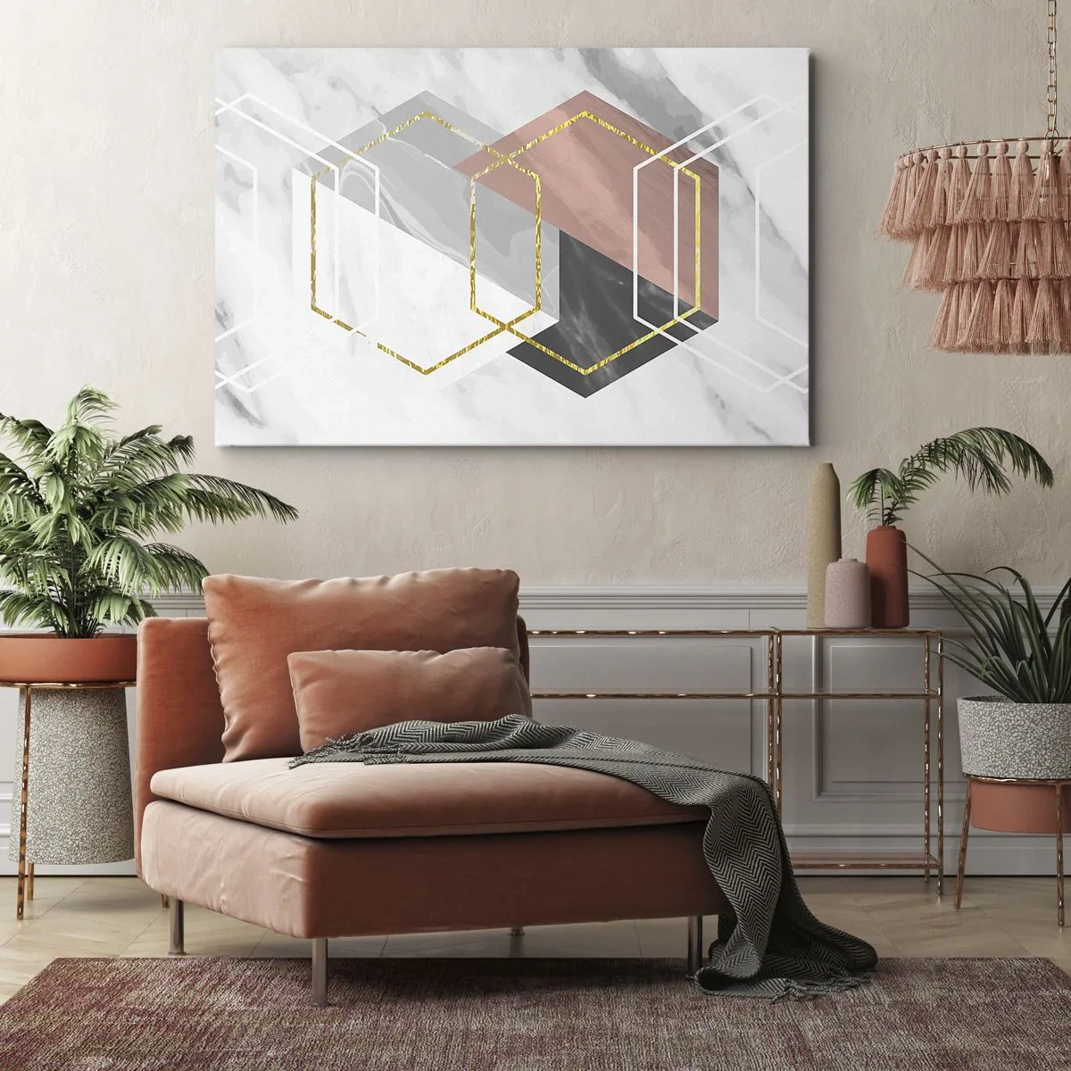 Bild auf Leinwand - Leinwandbild - Geometrische Figuren mit Gold- und Marmorakzenten - 120x80cm - Kettenkomposition - Moderne Wanddekoration für Wohnzimmer und Schlafzimmer ARTTOR