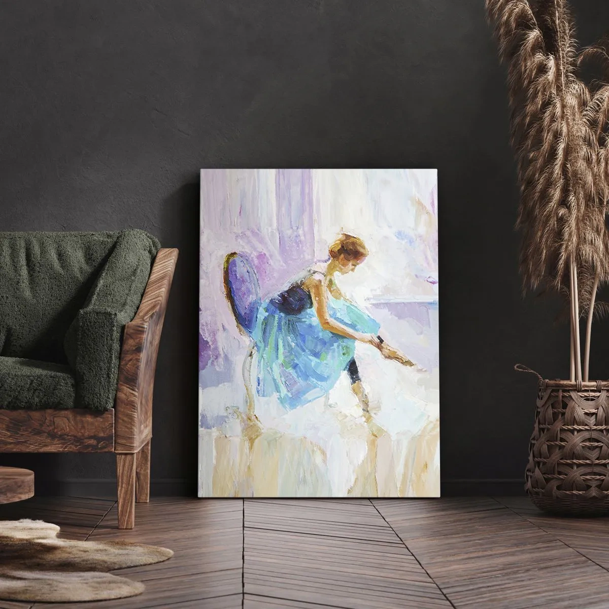 Bild auf Leinwand - Leinwandbild - Eine Ballerina in Pastelltönen bereitet sich auf den Tanz vor. - 70x100cm - Unbeschreibliche Anmut, subtiler Charme - Moderne Wanddekoration für Wohnzimmer und Schlafzimmer ARTTOR