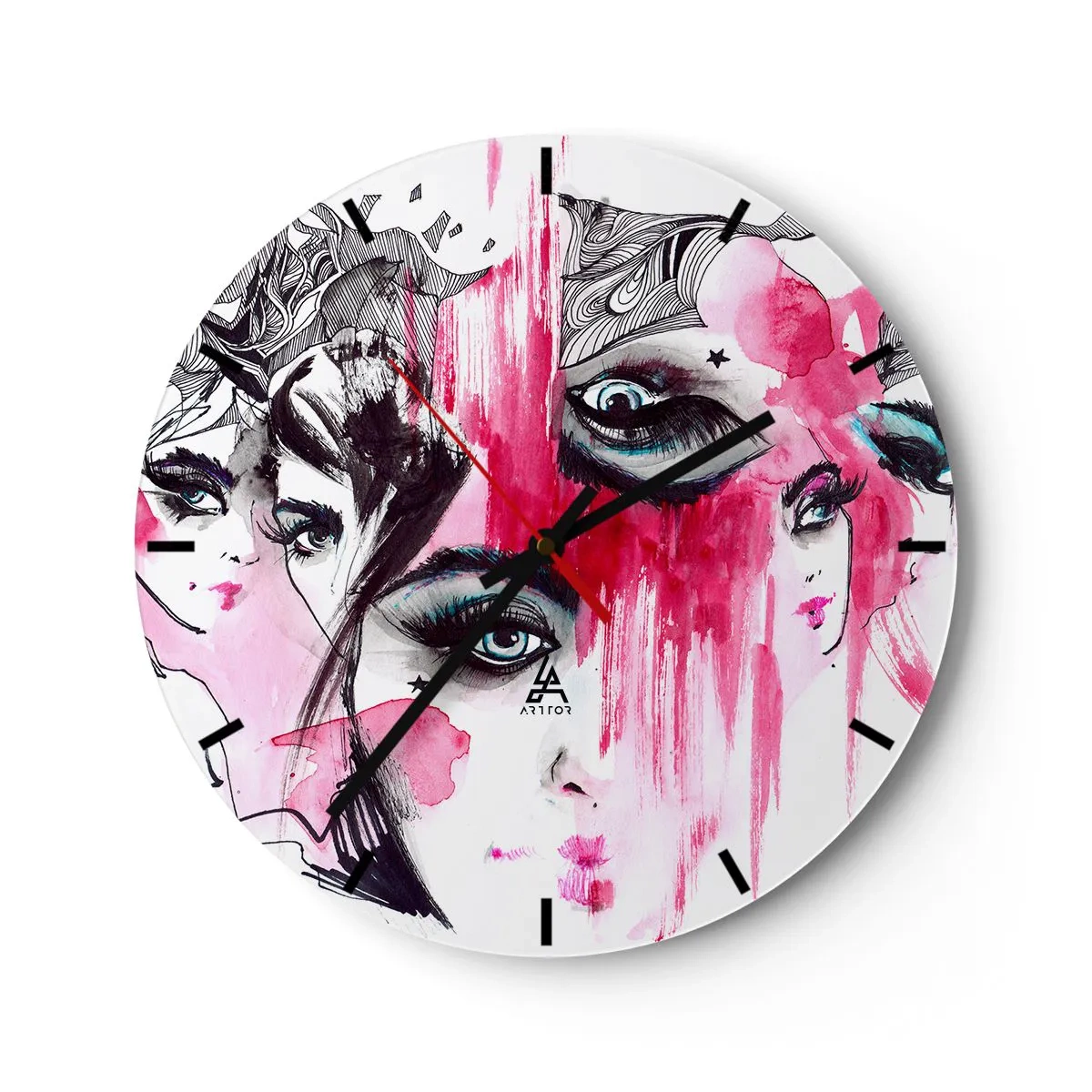 Wanduhr - Glasuhr - Abstrakte Frauenporträts in Pink und Schwarz - 30x30cm - Abstrakte Augen - Moderne Wanddekoration für Wohnzimmer, Küche und Schlafzimmer ARTTOR