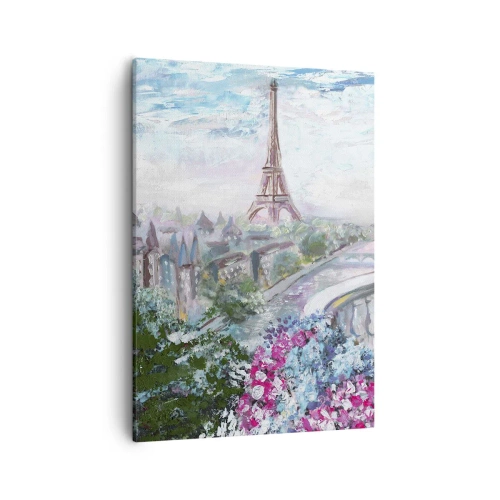 Bild auf Leinwand - Leinwandbild - Ein romantischer Blick auf Paris mit dem Eiffelturm und einem Balkon voller Blumen - 50x70cm - Am schönsten ist es hier im Mai - Moderne Wanddekoration für Wohnzimmer und Schlafzimmer ARTTOR