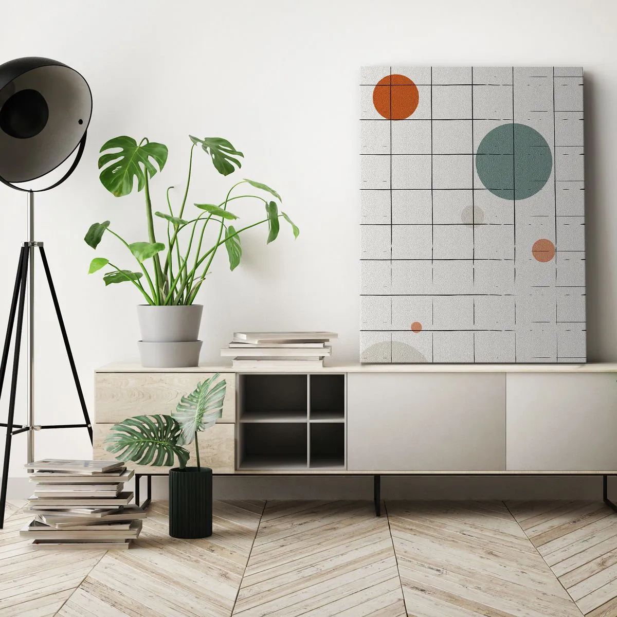 Bild auf Leinwand - Leinwandbild - Abstrakte farbige Kreise auf einem geometrischen Gitterhintergrund - 50x70cm - Gefangen. Wir oder sie? - Moderne Wanddekoration für Wohnzimmer und Schlafzimmer ARTTOR
