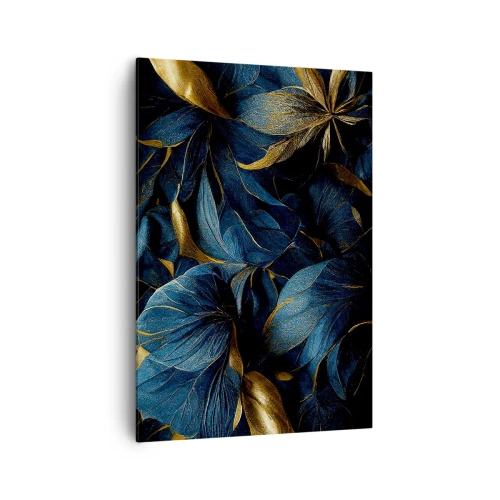 Bild auf Leinwand - Leinwandbild - Elegante Blätter in Gold- und Marineblautönen - 70x100cm - Mit Gold gefüttert - Moderne Wanddekoration für Wohnzimmer und Schlafzimmer ARTTOR