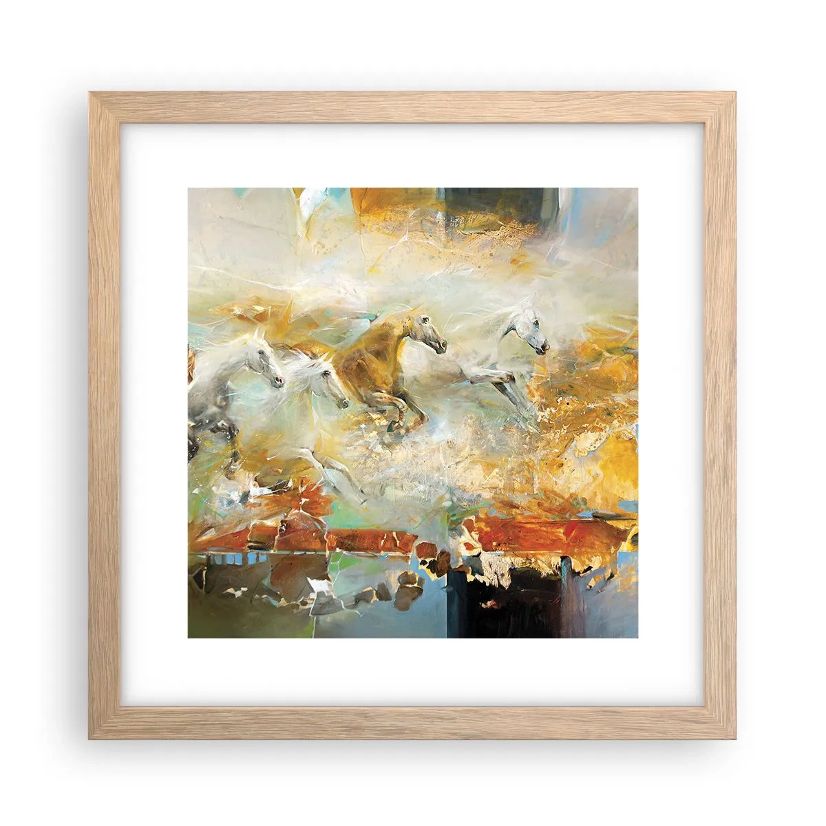 Poster in einem Rahmen aus heller Eiche - Im Galopp durch das Licht - 30x30 cm