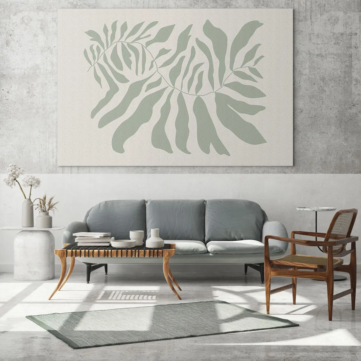 Glasbild - Bild auf glas - Ein smaragdgrüner Zweig mit organischen Formen auf hellem Hintergrund - 70x50cm - Smaragdzweig - Moderne Wanddekoration für Wohnzimmer und Schlafzimmer ARTTOR