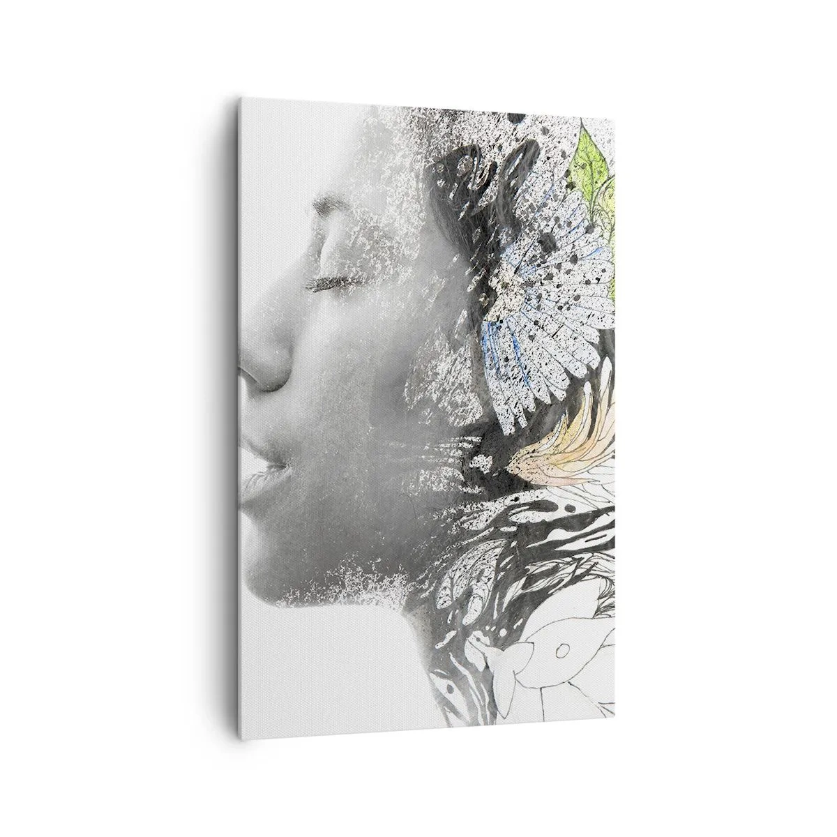 Bild auf Leinwand - Leinwandbild - Profil einer Frau in einer künstlerischen Collage aus Natur und Schwärze - 80x120cm - Eingebettet in der Natur - Moderne Wanddekoration für Wohnzimmer und Schlafzimmer ARTTOR