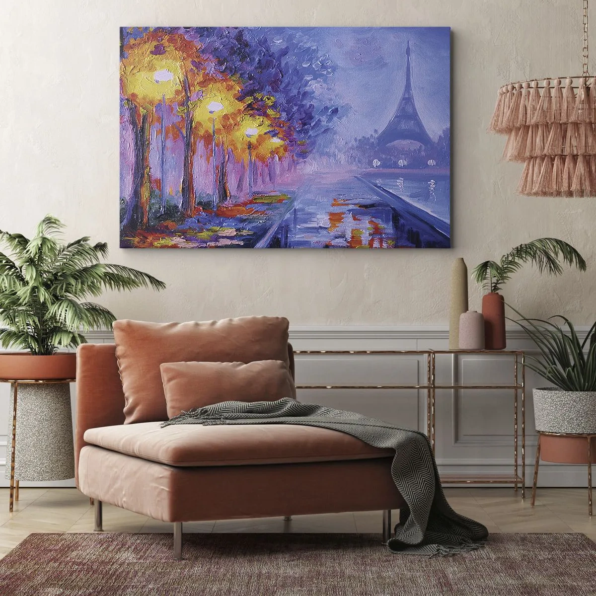 Bild auf Leinwand - Leinwandbild - Eine Allee mit Lampen in Paris mit dem Eiffelturm im Hintergrund - 70x50cm - Ein Traumspaziergang - Moderne Wanddekoration für Wohnzimmer und Schlafzimmer ARTTOR