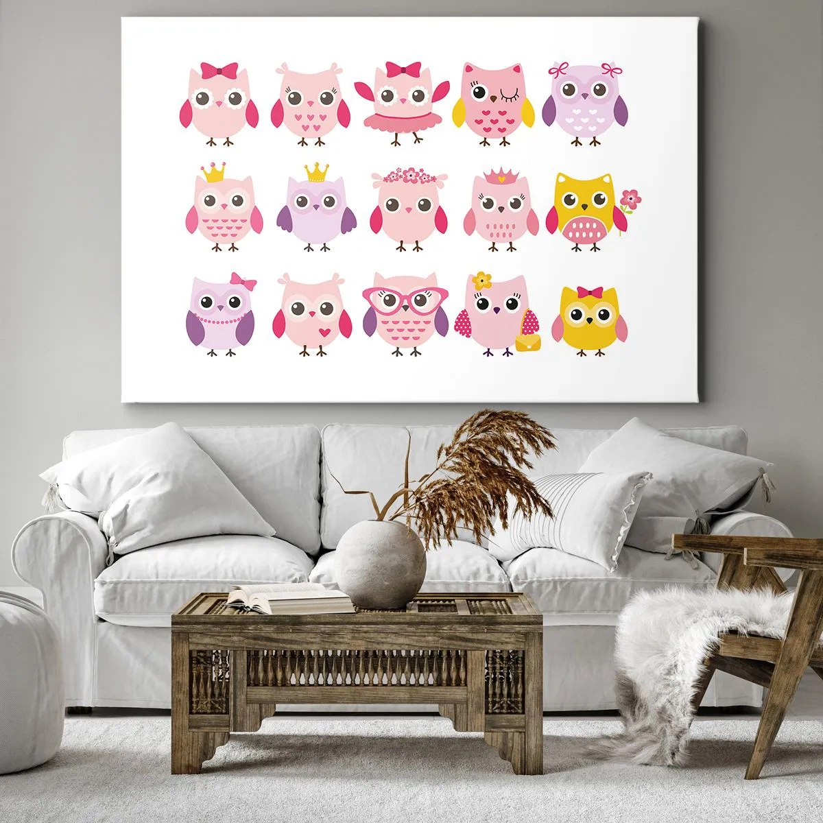 Bild auf Leinwand - Leinwandbild - Niedliche Eulen in Pastellfarben - 70x50cm - Einer ist süßer als der andere - Moderne Wanddekoration für Wohnzimmer und Schlafzimmer ARTTOR