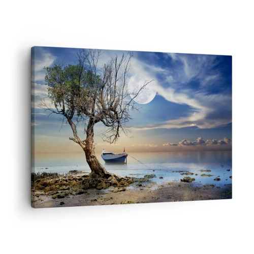 Bild auf Leinwand - Leinwandbild - Ein einsamer Baum und ein Boot auf ruhigem Wasser unter Vollmond. - 70x50cm - Ist das das Ende oder der Anfang? - Moderne Wanddekoration für Wohnzimmer und Schlafzimmer ARTTOR