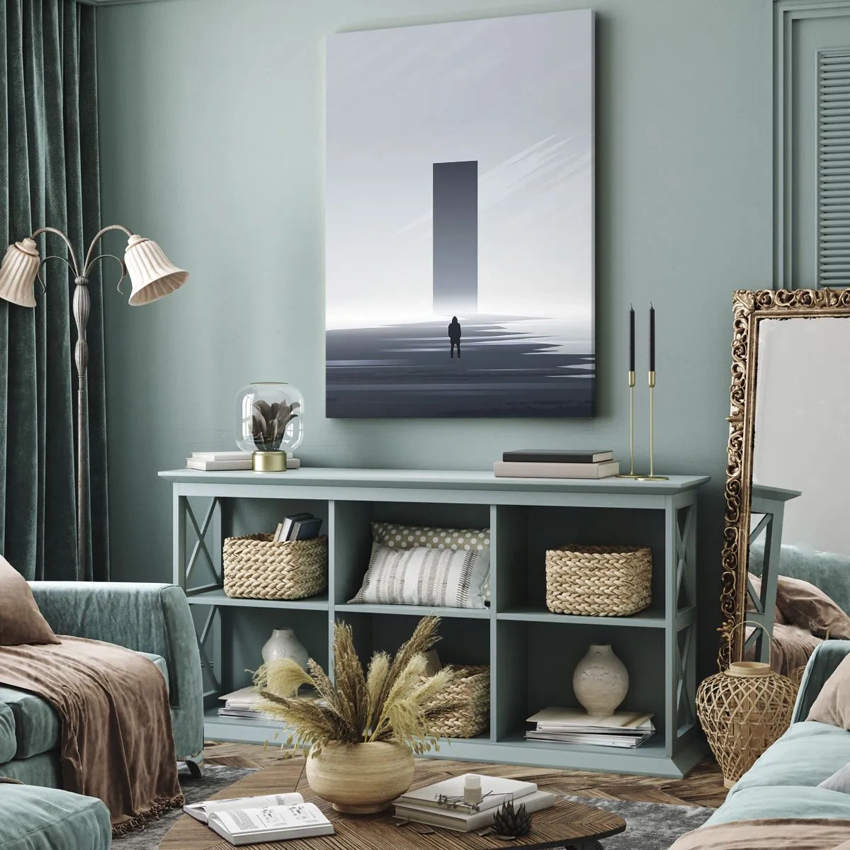 Bild auf Leinwand - Leinwandbild - Eine minimalistische Landschaft mit einer Silhouette neben einem rechteckigen Monolithen - 50x70cm - Chance oder Bedrohung? - Moderne Wanddekoration für Wohnzimmer und Schlafzimmer ARTTOR