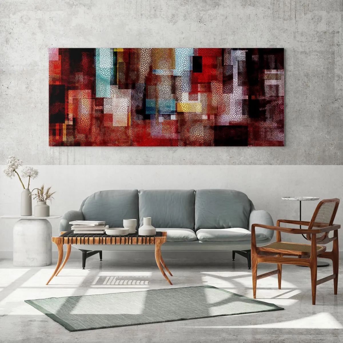 Glasbild - Bild auf glas - Geometrische Abstraktion in intensiven Rottönen - 120x50cm - Verwirrung mit Verwirrung - Moderne Wanddekoration für Wohnzimmer und Schlafzimmer ARTTOR