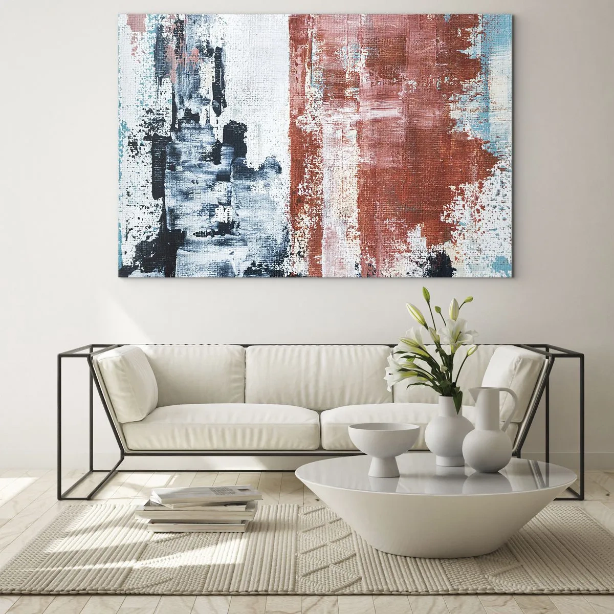 Glasbild - Bild auf glas - Eine abstrakte Kombination aus Blau und Rostrot - 100x70cm - Fünfzig-Fünfzig abstrakt - Moderne Wanddekoration für Wohnzimmer und Schlafzimmer ARTTOR