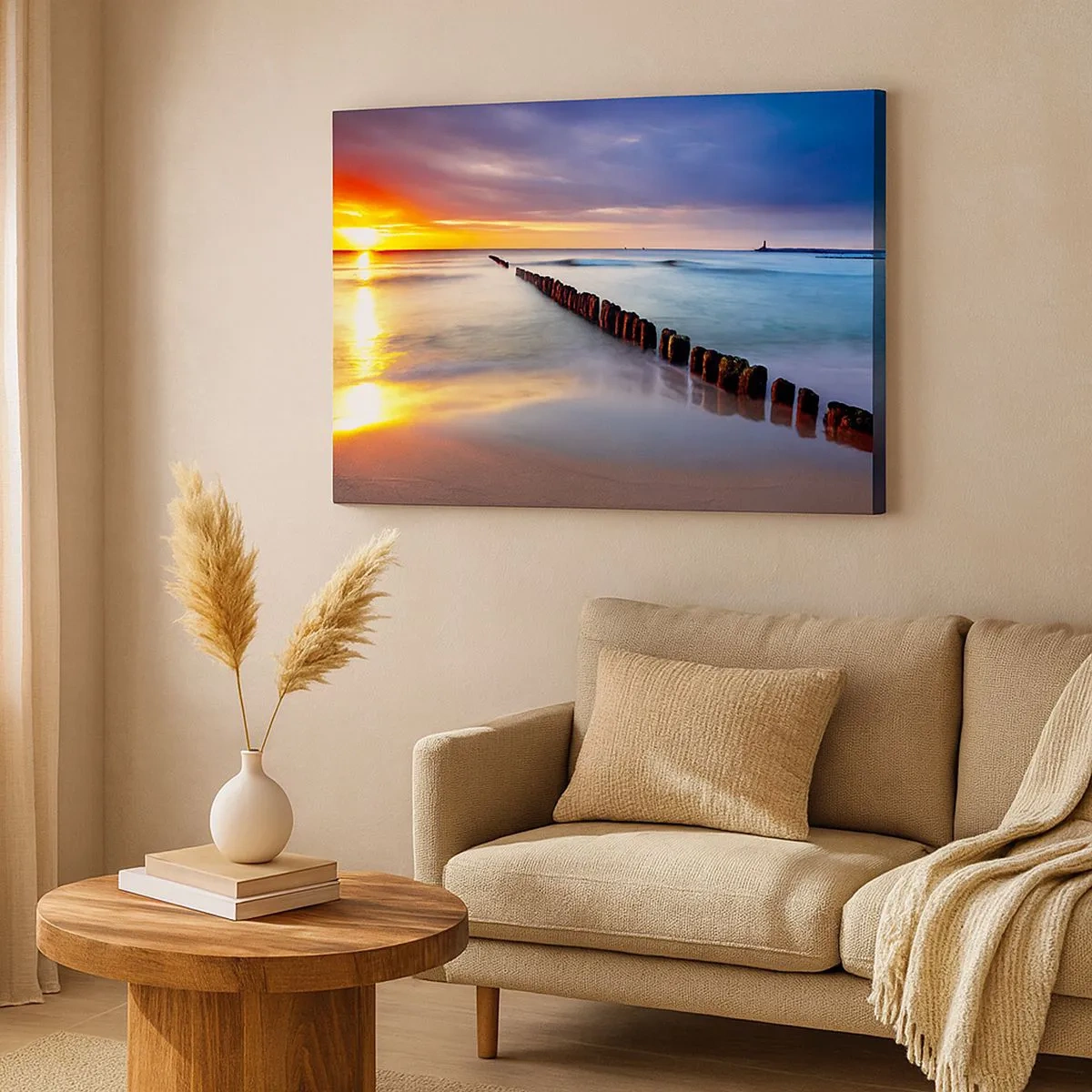Bild auf Leinwand - Leinwandbild - Sonnenuntergang über dem Meer mit einem Wellenbrecher im Vordergrund - 70x50cm - Lausche der Stille - Moderne Wanddekoration für Wohnzimmer und Schlafzimmer ARTTOR