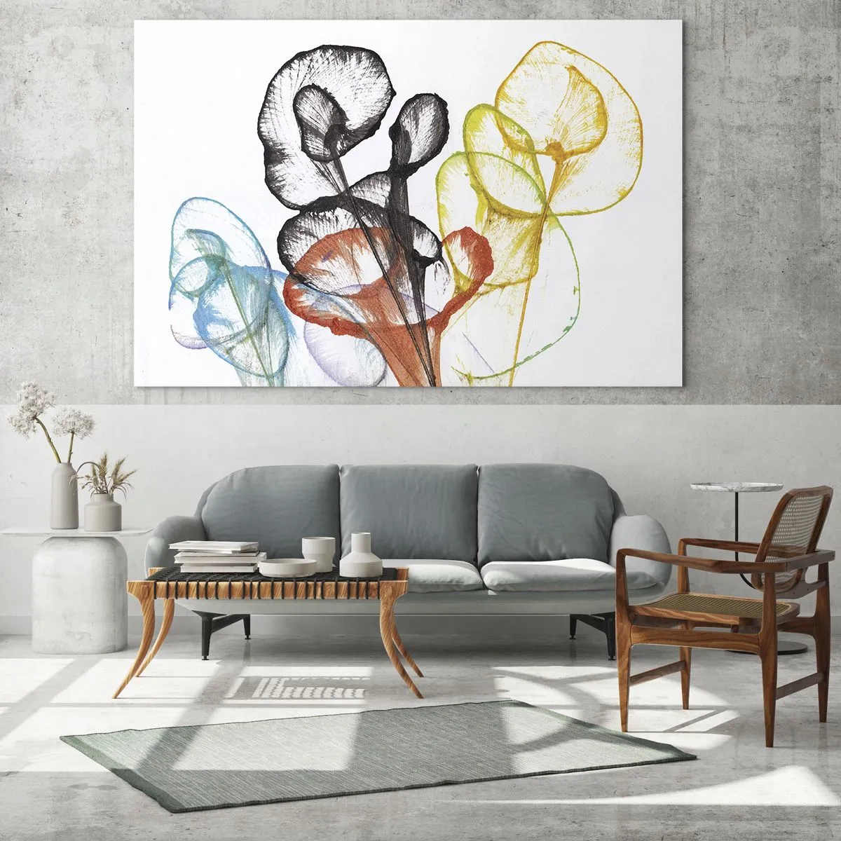 Glasbild - Bild auf glas - Bunte, durchscheinende Blumen im künstlerischen Stil - 70x50cm - Blumen mit Seele - Moderne Wanddekoration für Wohnzimmer und Schlafzimmer ARTTOR