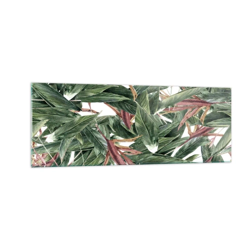 Glasbild - Bild auf glas - Ein dekoratives Blattmotiv in Grün- und Burgundertönen auf hellem Hintergrund - 140x50cm - Smaragd-lila Dickicht - Moderne Wanddekoration für Wohnzimmer und Schlafzimmer ARTTOR