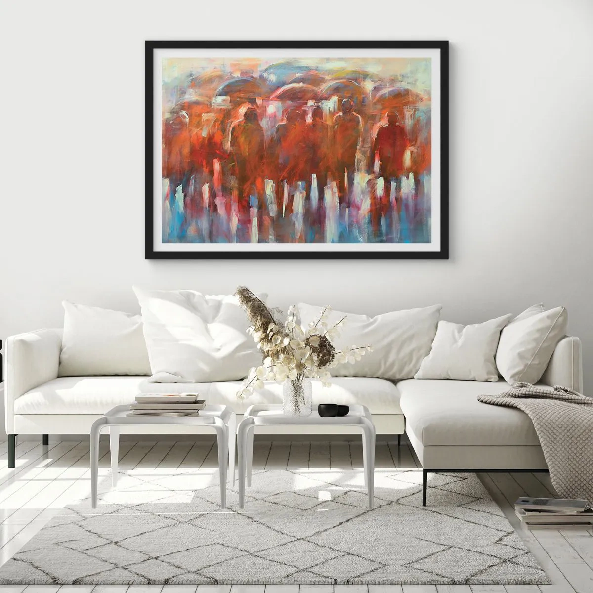 Poster in einem schwarzem Rahmen - Eine Menschenmenge mit Regenschirmen in einer regnerischen, künstlerischen Umgebung - 100x70cm - Auch bei Regen und Nebel - Moderne Wanddekoration für Wohnzimmer und Schlafzimmer ARTTOR