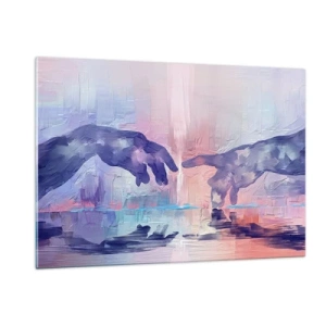Glasbild - Bild auf glas - Abstrakte Hände nähern sich einander vor einem pastellfarbenen Hintergrund. - 120x80cm - Göttlicher Funke des Lebens - Moderne Wanddekoration für Wohnzimmer und Schlafzimmer ARTTOR
