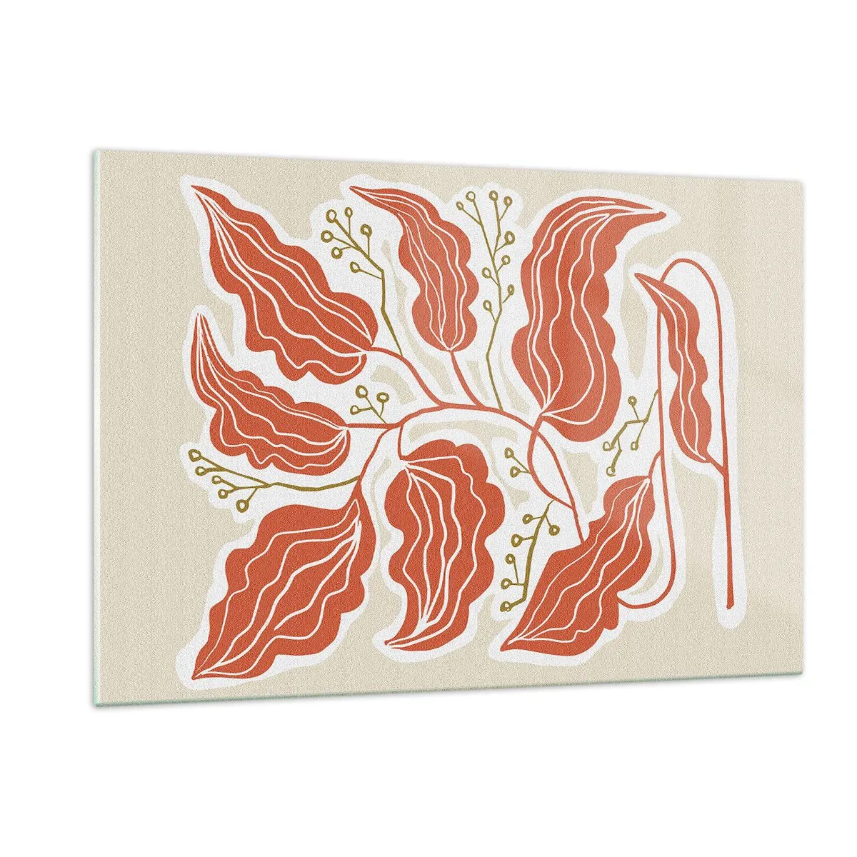 Glasbild - Bild auf glas - Korallenblätter mit volkstümlichem Muster auf hellem Hintergrund - 120x80cm - Im Folkstil und korallenartig - Moderne Wanddekoration für Wohnzimmer und Schlafzimmer ARTTOR